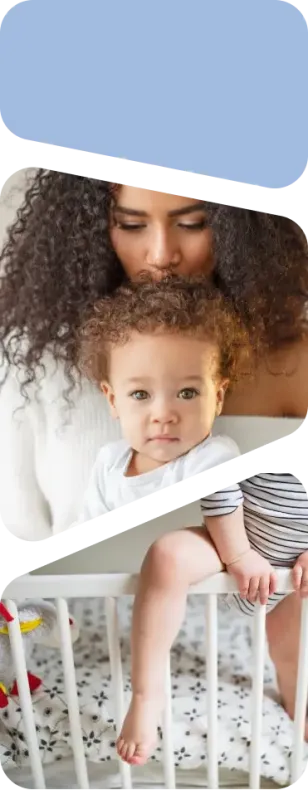 Image 1: mom kissing baby's head image 2: toddler climbing out of crib