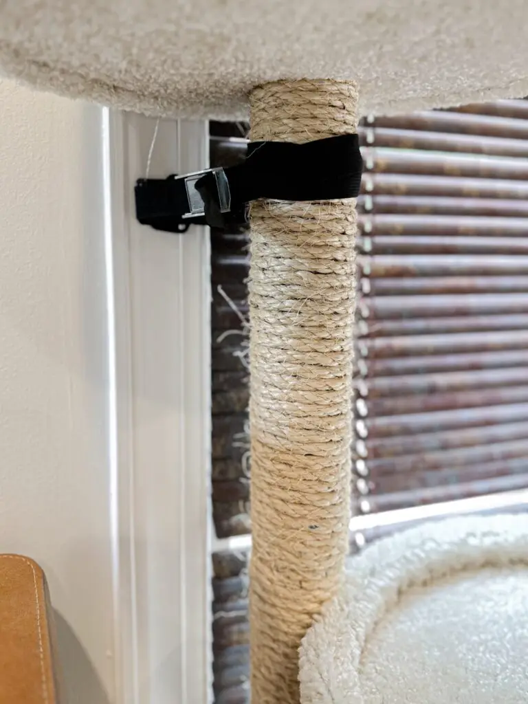 Cat tree post secured to wall