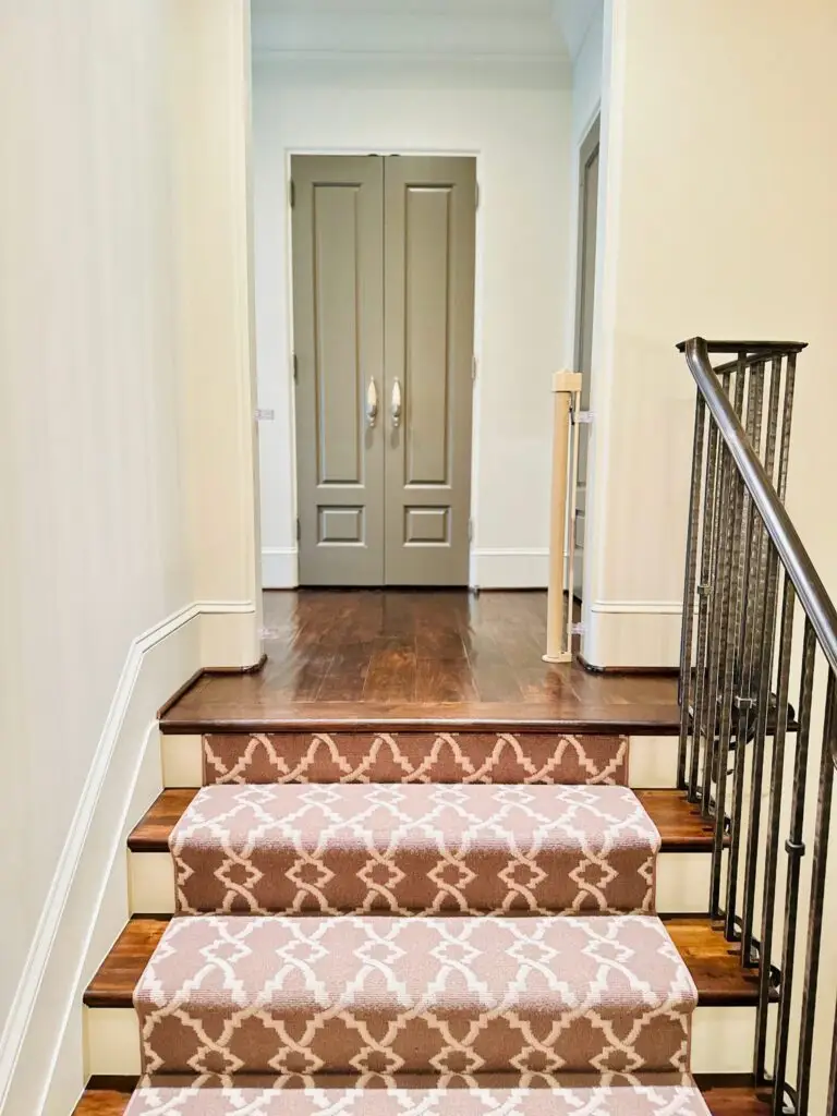 Elegant staircase with patterned carpet and open retractable gate