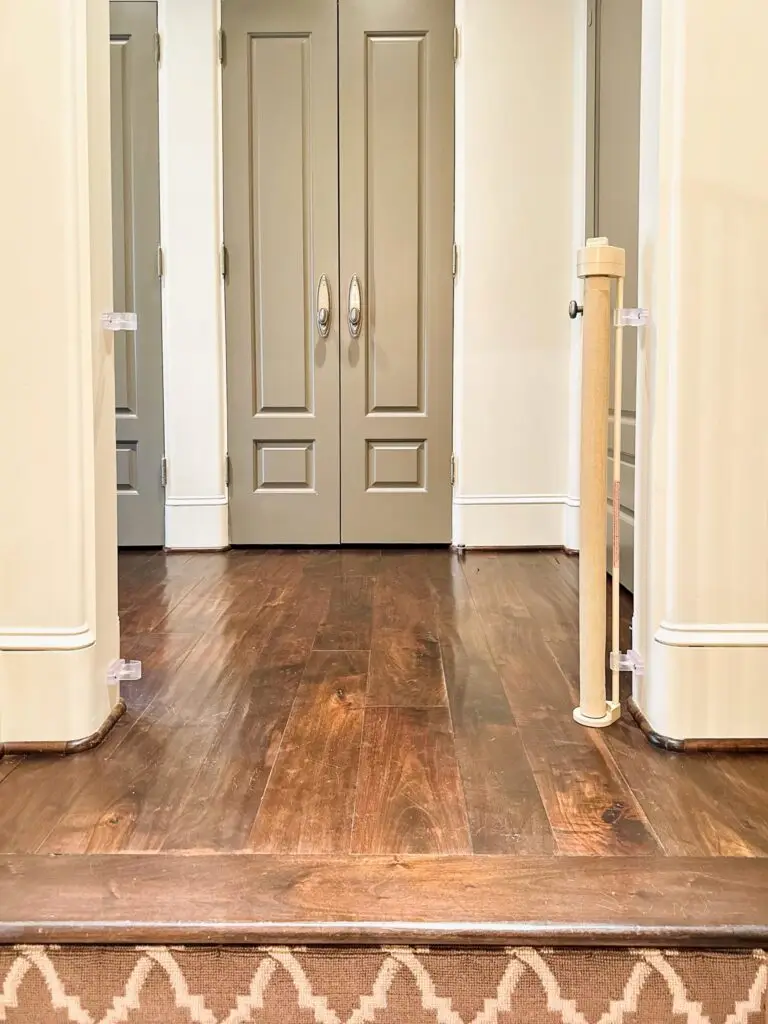 Retractable gate on wooden floor leading to double doors