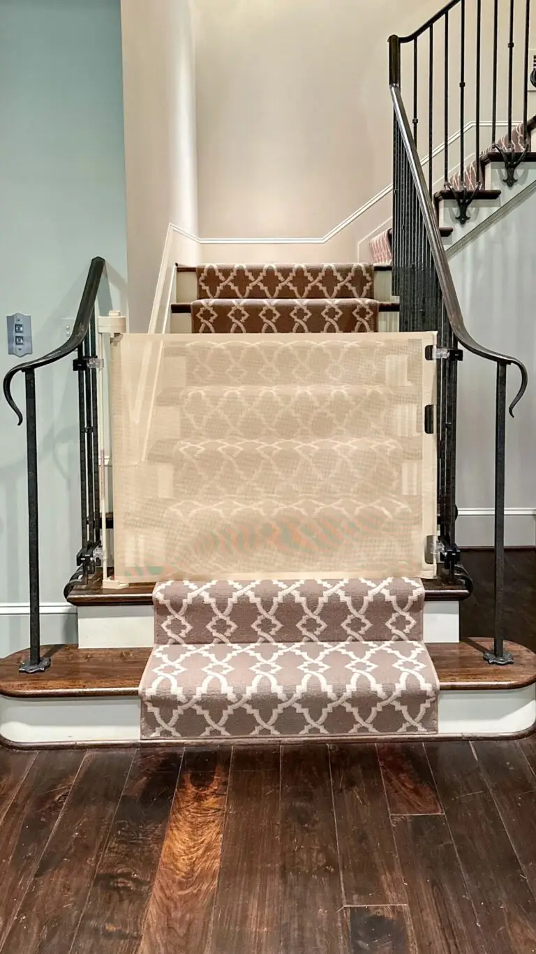 Staircase with cafe safety gate and rug