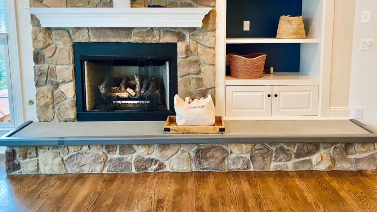 Gray hearth padding and hearth pad corners on wide hearth