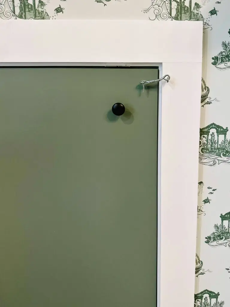 Green door with decorative wallpaper and spring hook and eye lock