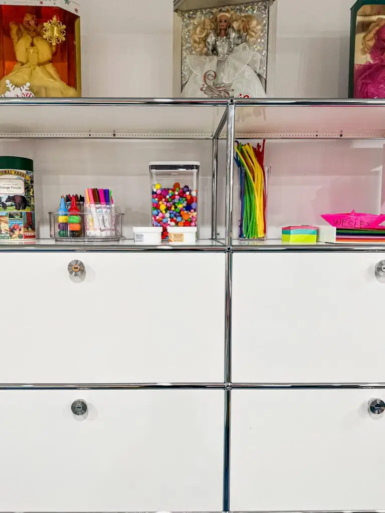 Colorful storage and craft supplies display.