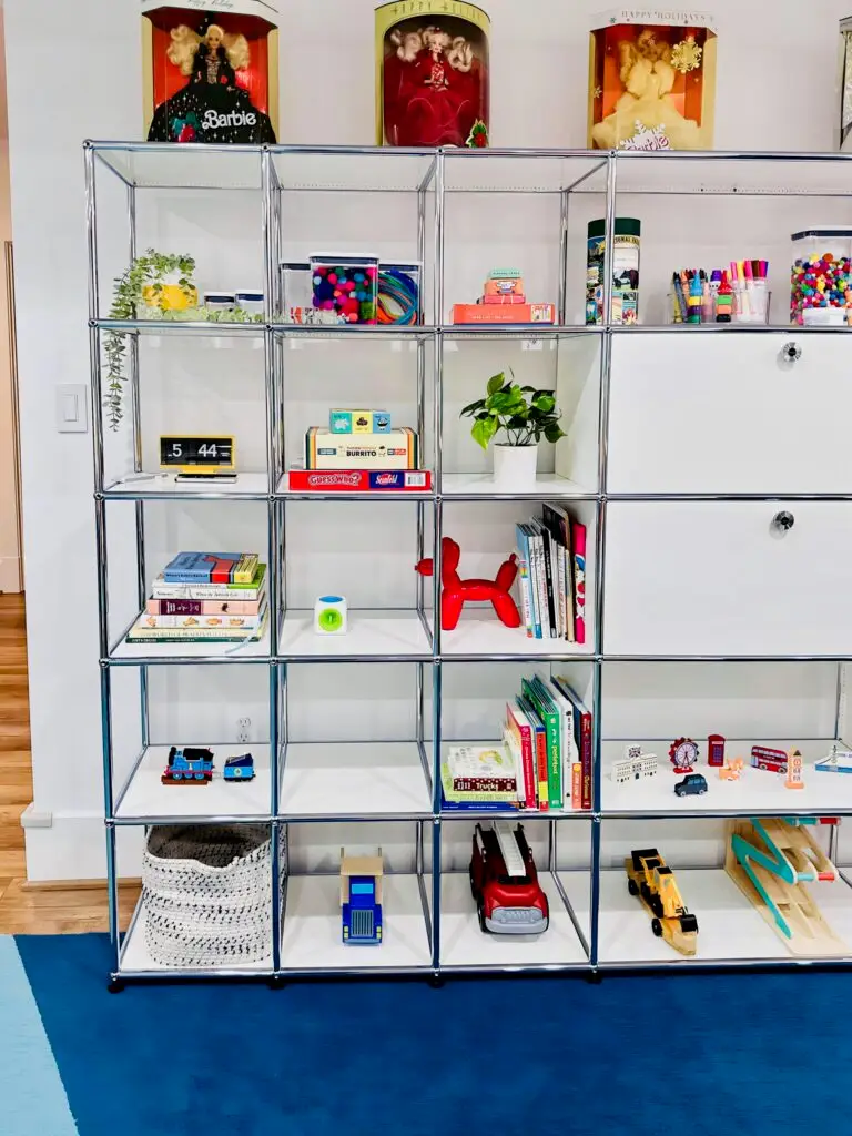 Colorful shelves filled with various items.