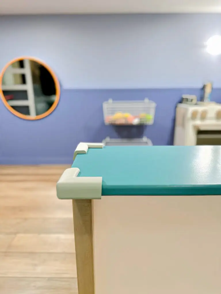 Colorful kitchen corner cushion with storage in play room