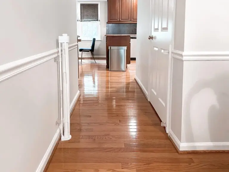 Bright hallway leading to kitchen with retractable gate installed