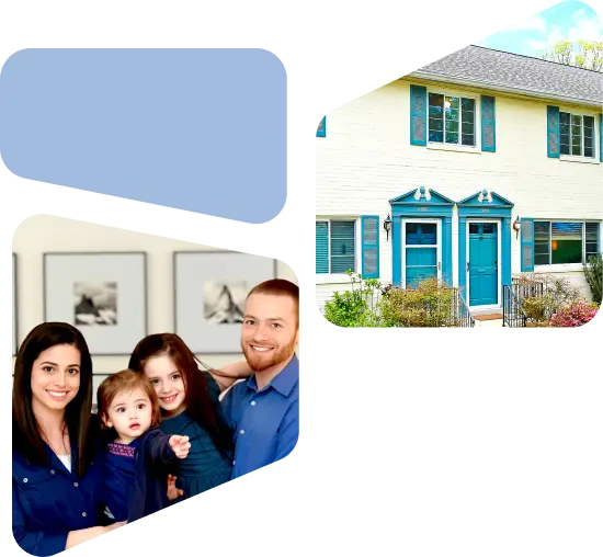 Image 1: alisa, a child safety expert, and her family. Image 2: alisa's first home that had iron staircase railings which led to her career in child and home safety.