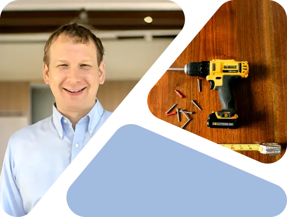Bobby, a professional baby proofer, smiling at the camera. Bobby's drill and tools laid out on a table.