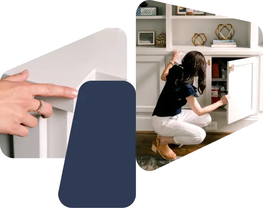 Image 1: checking the corners of a piece of furniture. Image 2: looking in cabinets to determine the need for latches.