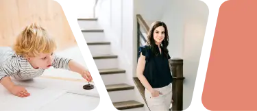 Image 1: Baby trying to open door. Image 2: Alisa, a professional baby proofer, making a home safe.