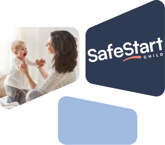 Safe start logo. Mom playing with baby