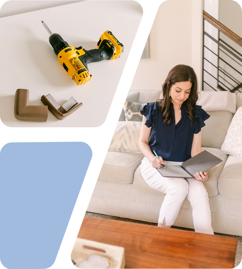 Alisa writing up a home safety plan. Cordless drill and corner cushions