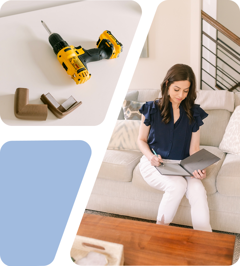 Alisa writing up a home safety plan. Cordless drill and corner cushions