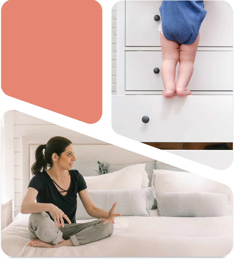 Alisa sitting on bed. Baby climbing dresser.