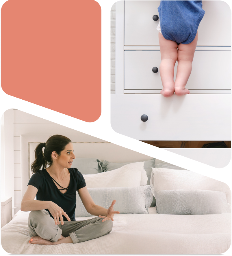 Alisa sitting on bed. Baby climbing dresser.