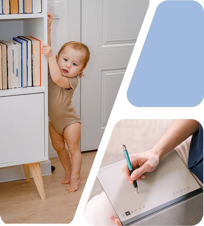 Baby pulling on dresser. Alisa writing in her digital notebook