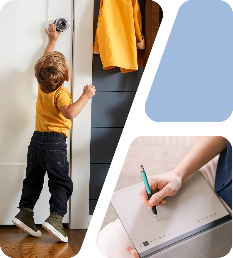 Child reaching for door handle, baby proofer writing in notebook