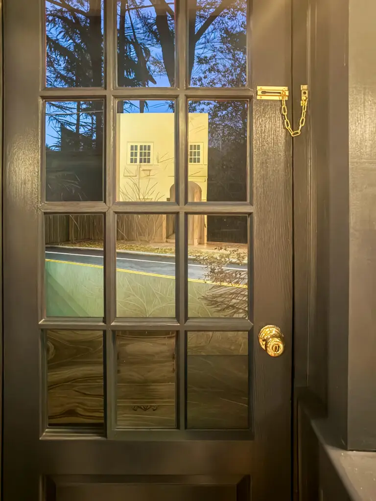 Brass chain lock on a glass-paneled exterior door in a palisades, dc home