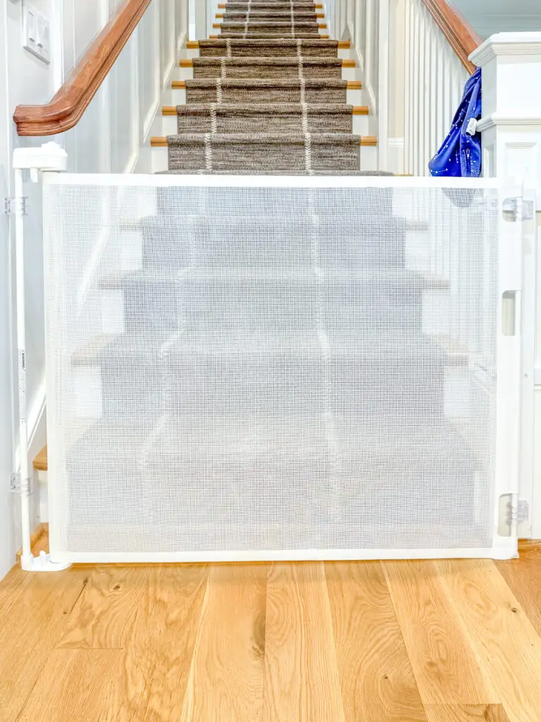 White retractable gate closed across the bottom of the main staircase