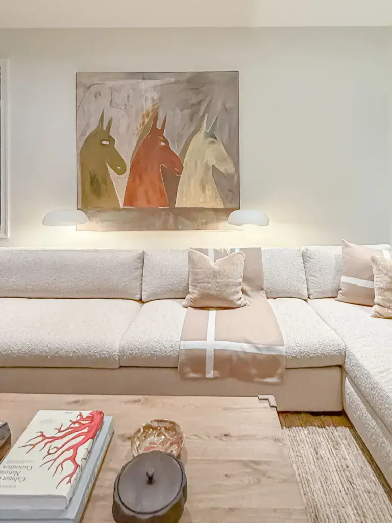 Family room sectional and coffee table fitted with corner cushions