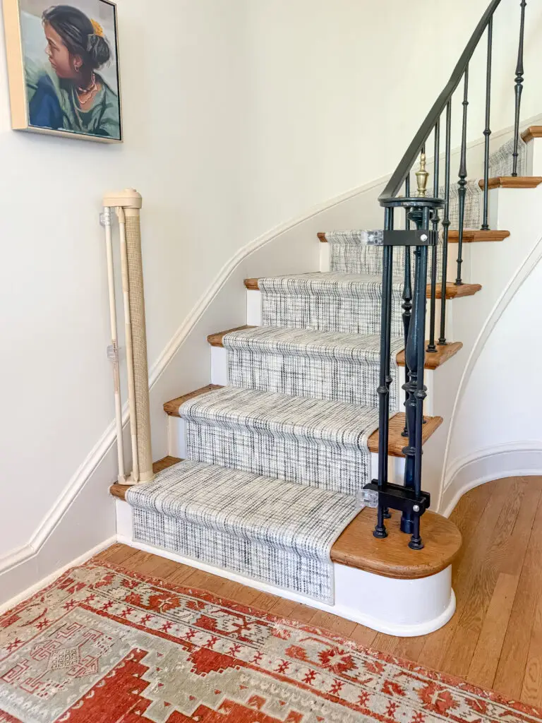 Cafe retractable gate and black post clamps at the bottom of a curved staircase with iron balusters in a dc rowhouse