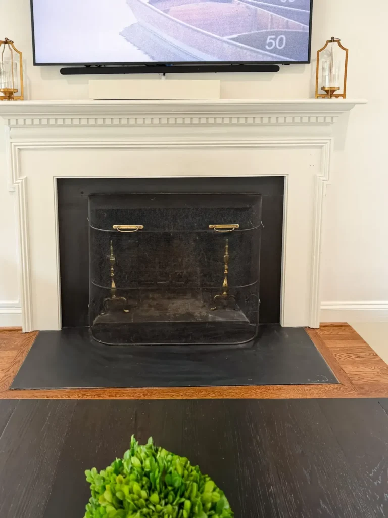 Living room fireplace with the safety screen anchored to the hearth beneath a wall-mounted tv in a bethesda, md home